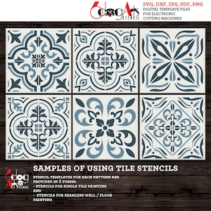 Pode incluir: Seis designs de estênceis de azulejos em azul e branco. Os estênceis são para pintar azulejos individuais e para pintar paredes ou pisos sem costuras. O texto na imagem diz "Exemplos de uso de estênceis de azulejos".
