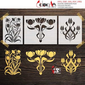 3 Art Nouveau Art Deco Tulips Digital Stencil Templates SVG DXF Vector Files Mylar Cutting Laser Cricut Instant Download JS-135