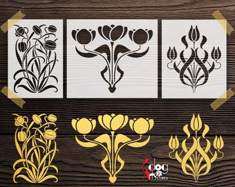 3 Art Nouveau Art Deco Tulips Digital Stencil Templates SVG DXF Vector Files Mylar Cutting Laser Cricut Instant Download JS-135