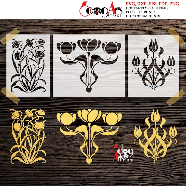 3 Art Nouveau Art Deco Tulips Digital Stencil Templates SVG DXF Vector Files Mylar Cutting Laser Cricut Instant Download JS-135