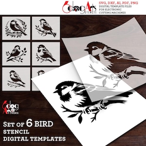 May include: A set of six bird stencils in various poses, perfect for digital cutting machines. The stencils feature detailed black bird silhouettes perched on branches, with the text "Set of 6 Bird Stencil Digital Templates" at the bottom.