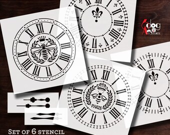 May include: Set of six digital clock face stencils for crafting projects. The stencils feature a bee and crown design with Roman numeral markings. The text "PARIS" appears on one of the stencils.