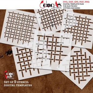 May include: Set of nine digital stencil templates for electronic cutting machines. The stencils feature a woven pattern with a white background and black lines.