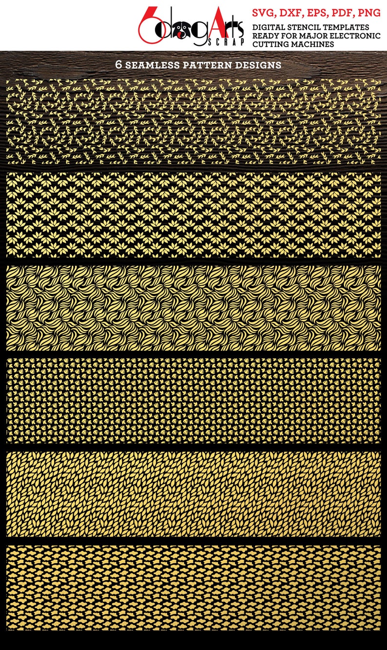 Set of six digital stencil templates featuring various leaf and floral designs. The designs are black on a white background. The text "Set of 6 Stencil Digital Templates" is at the bottom of the image.