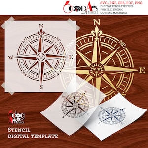 Puede incluir: Una plantilla digital para una plantilla de brújula. La brújula presenta un sol con una cara en el centro y una flor de lis en la parte superior. La brújula está rodeada por un círculo con las direcciones cardinales marcadas.