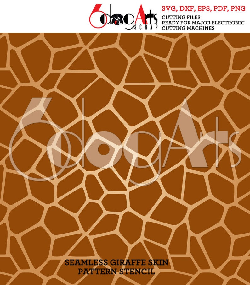May include: A seamless giraffe skin pattern stencil in brown and gold. The stencil is ready for use with major electronic cutting machines. SVG, DXF, EPS, PDF, and PNG file formats are included.