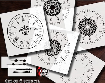 May include: Set of six digital clock face stencils for electronic cutting machines. The stencils include a traditional clock face, a floral design, and a geometric design. The stencils are black and white and are designed to be cut out of paper or cardstock.