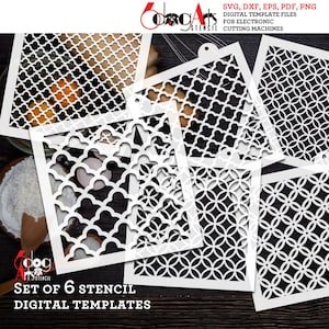 May include: Set of six digital stencil templates for electronic cutting machines. The stencils feature geometric patterns in black and white.