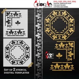 Könnte beinhalten: Set mit 2 digitalen Schablonen für elektronische Schneidemaschinen. Die Schablonen zeigen komplizierte florale Designs in Gold und Silber, darunter ein Eckdesign, eine Bordüre und ein rundes Design mit einem Mittelkreis.
