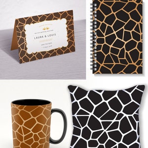 May include: A set of digital cut files featuring a geometric pattern inspired by giraffe skin. The files are available in SVG, DXF, EPS, PDF, and PNG formats and are ready for use with major electronic cutting machines. The image shows a variety of mockups, including a mug, a pillow, a notebook, and a wedding invitation.
