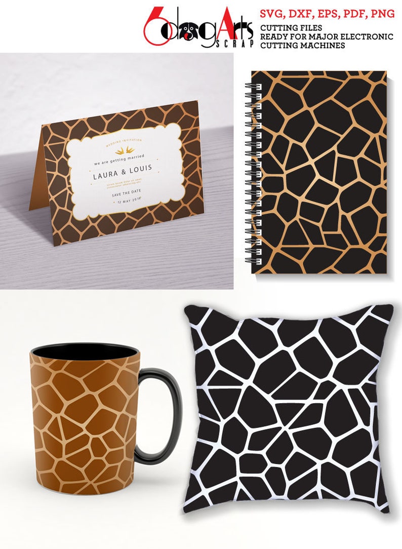 May include: A set of digital cut files featuring a geometric pattern inspired by giraffe skin. The files are available in SVG, DXF, EPS, PDF, and PNG formats and are ready for use with major electronic cutting machines. The image shows a variety of mockups, including a mug, a pillow, a notebook, and a wedding invitation.