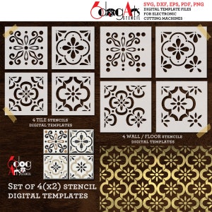 8 Tile, Wall, Floor, Cookie Stencil Digital Templates SVG DXF Files diy Mylar Film Cutting Instant Download Laser Silhouette Cricut JS-127