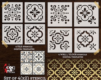 8 plantillas digitales para azulejos, paredes, suelos y galletas (archivos SVG y DXF) para corte de película Mylar (DIY), descarga instantánea, láser, silueta, Cricut JS-127