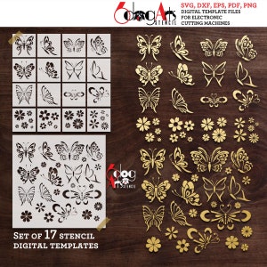 Puede incluir: Conjunto de 17 plantillas digitales de mariposas y flores para máquinas de corte electrónicas. Las plantillas son en blanco y negro y presentan una variedad de diseños de mariposas y flores. El texto "Set of 17 Stencil Digital Templates" está en la parte inferior de la imagen.