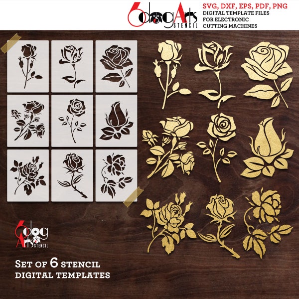 9 Rose Flower Digital Stencil Templates SVG DXF eps pdf png files Mylar Film Cutting Wall Tile Scrapbooking Laser Cricut Download JB-1506