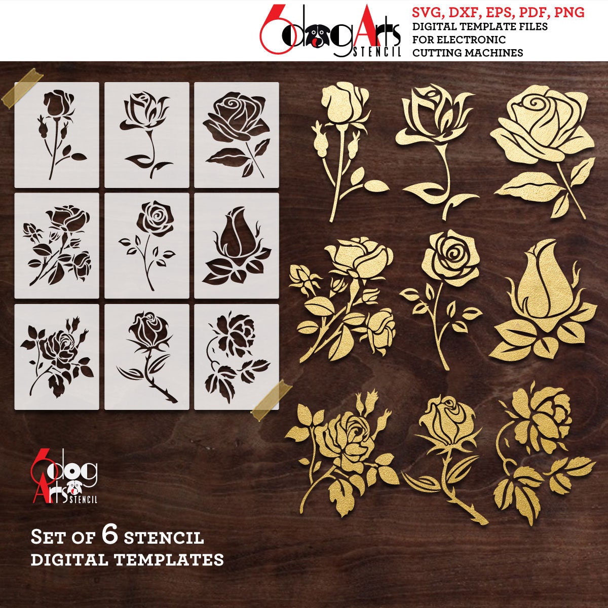 9 Rose Flower Digital Stencil Templates SVG DXF Eps Pdf Png Files Mylar ...