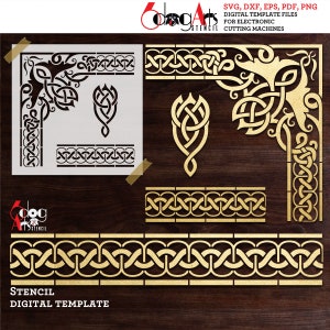 May include: A digital stencil template featuring a Celtic knot design. The template includes a corner design, a border, and a smaller decorative element. The design is in gold on a brown wood background. The text "dogarts stencil" and "STENCIL DIGITAL TEMPLATE" is included in the image.
