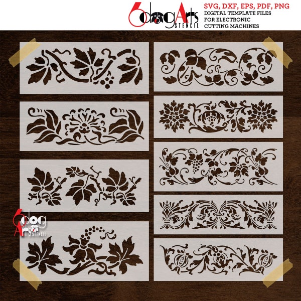 9 Floral Border Digital Stencil Templates SVG DXF Vector Files Mylar Film Laser Cutting Glow Forge Silhouette Cricut Instant Download JS-117