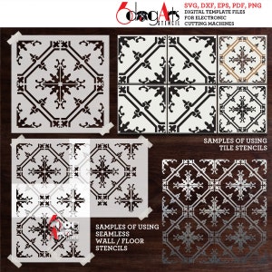 May include: Black and white tile stencil design with intricate details. The stencil is shown on a wood background with examples of how to use it to create a seamless pattern on a wall or floor.