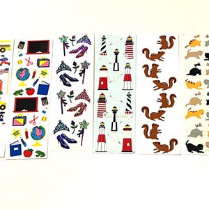 May include: A collection of colorful sticker sheets featuring various designs. Includes school buses, schoolhouses, school supplies, tiaras, high heels, lighthouses, squirrels, and cats. Perfect for crafting, scrapbooking, or decorating.