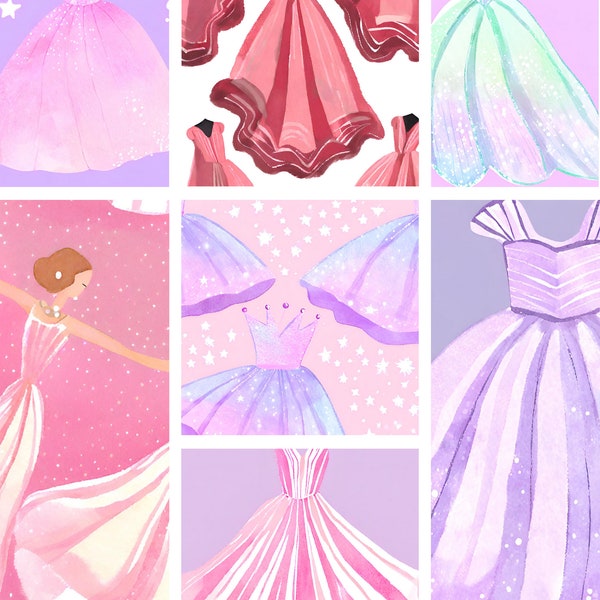 56 Princess Dress Watercolor Art Collection - Digital Download, 8x10 Fairytale Gown Prints - Enchanting Nursery and Home Decor