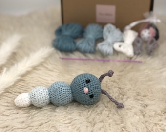 DIY crochet set Blue - the caterpillar boy as a rattle with crochet instructions