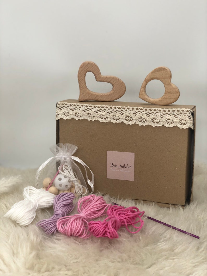 DIY crochet set gripping ringrattle with wish wood figure and crochet instructions