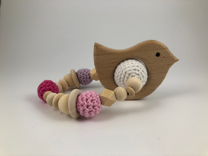 DIY crochet set gripping ringrattle with wish wood figure and crochet instructions