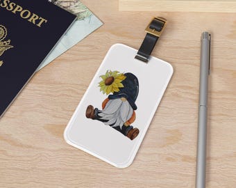 Sunflower Gnome Luggage Tag, Travel Bag Tag, Suitcase Label, Backpack ID Tag, Floral Travel Accessories, Gnome Accessory, Gift For Traveler