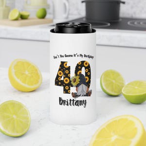 Birthday Can Cooler, Personalized Custom Coozie with Name - Gift for Beer Lovers, Party Favor, Drink Holder, Beverage Sleeve, Gnome Gift