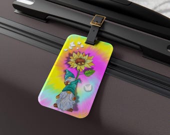 Tie Dye Sunflower Gnomes Luggage Tag, Travel Bag ID Tag, Backpack Identifier, Suitcase Label, Boho Baggage Tag, Hippie Floral Bag, Boho Gift