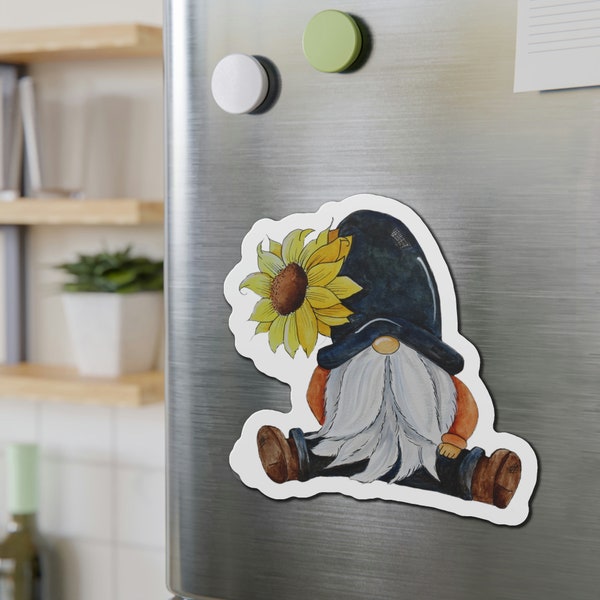 Sunflower Gnome Art Die-Cut Magnets (5 sizes)  Refrigerator magnet |  Toolbox Magnet | Sunflower Magnet | Gnomes and Flowers