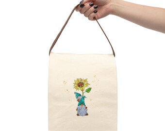 Canvas Lunch Bag, Sunflower Gnome Lunch Bag, Lunch Tote, Lunch Bag With Strap, Cute Lunch Bag, Reusable Lunch Bag, Floral Lunch, Gnome Gift