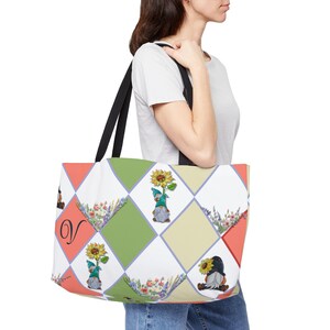 Gnome Garden Weekender Tote Bag, Floral Travel Bag, Personalized Retro Overnight Bag, Weekend Getaway Duffel, Boho Floral Carryall