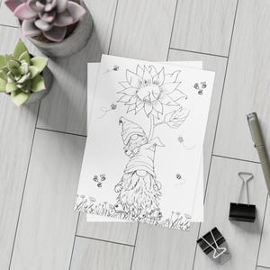 Sunflower Gnomes Coloring Postcard Bundle: DIY Greeting Cards