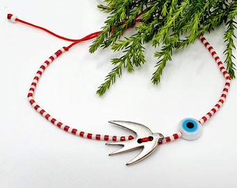 March bracelet with silver plated Swallow evil eye and miyuki delica beads/Swallow bracelet/Martisor bracelet/Greek Martaki/Spring Bracelet