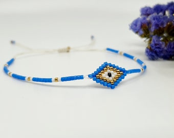 Evil Eye beaded bracelet with Miyuki Seed Beads/Gold and Azure evil eye bracelet/Minimalist bracelet/Dainty  bracelet/Greek Jewelry