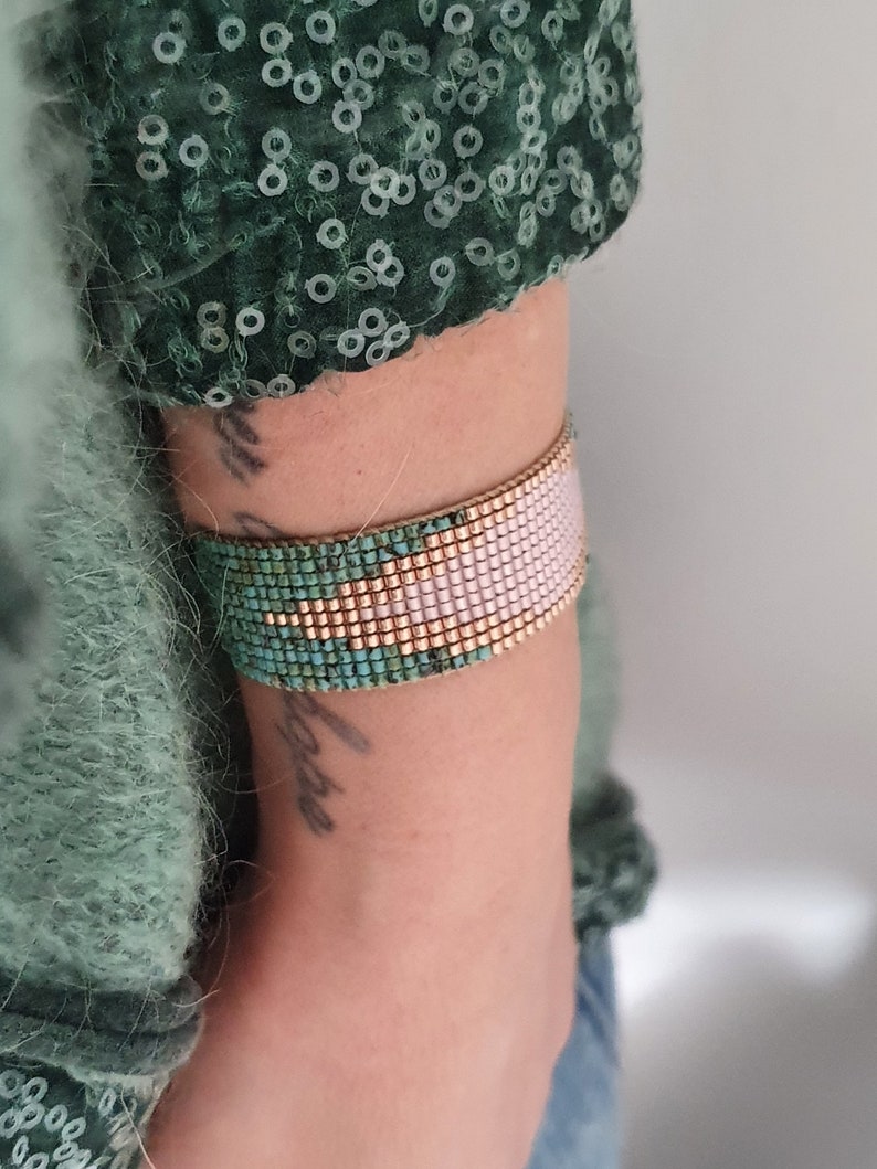 Green Turquoise Bead Loom Bracelet/Handwoven Miyuki Delica Bracelet/Loom Beaded Bracelet/Bracelet for Women/Boho Bracelet/Stacking Bracelet image 10