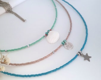 Collier de perles d'été/Collier de plage fait de perles de verre japonaises Miyuki/Collier de coquillages/Collier d'étoile/Boho Choker/Collier superposé