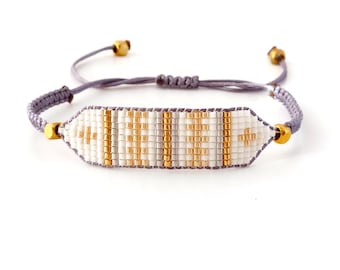 Elegant Handmade Miyuki Bracelet/Seed Bead Woven Bracelet/Gold White Grey Boho Chic Beaded Bracelet/Gift for Her/Greek Jewelry