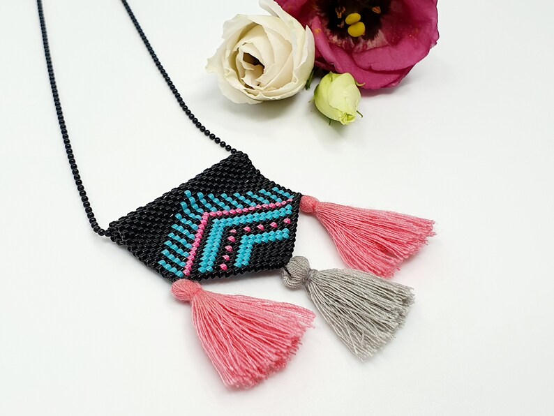 Summer Boho Beaded Necklace/Miyuki Delica Beads Woven Necklace/Arrow necklace/Ethnic Necklace/Bohemian Tassel Necklace/Greek Jewelry image 5
