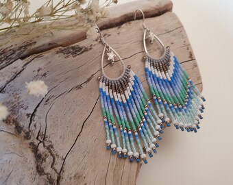 Blue Sky Earrings/Beaded Fringe Drop Earrings/Beadwoven Greek Earrings/Miyuki Delica Earrings/Silver Teardrop Earrings/Bohemian Earrings