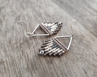 Bright Silver and Gray Fringe Beaded Earrings/Small Triangle Bead Earrings/Miyuki Delica Woven Earrings/Casual Earrings/Glass Beads Earrings