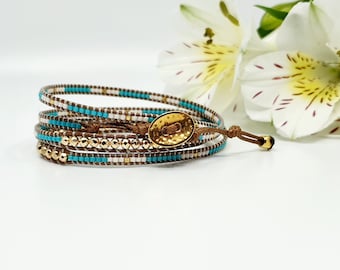 Beaded wrap bracelet/Gold and Turquoise Wrap bracelet/Miyuki beaded bracelet/Dainty wrap bracelet for women/Boho Wrap Bracelet/Greek Jewelry