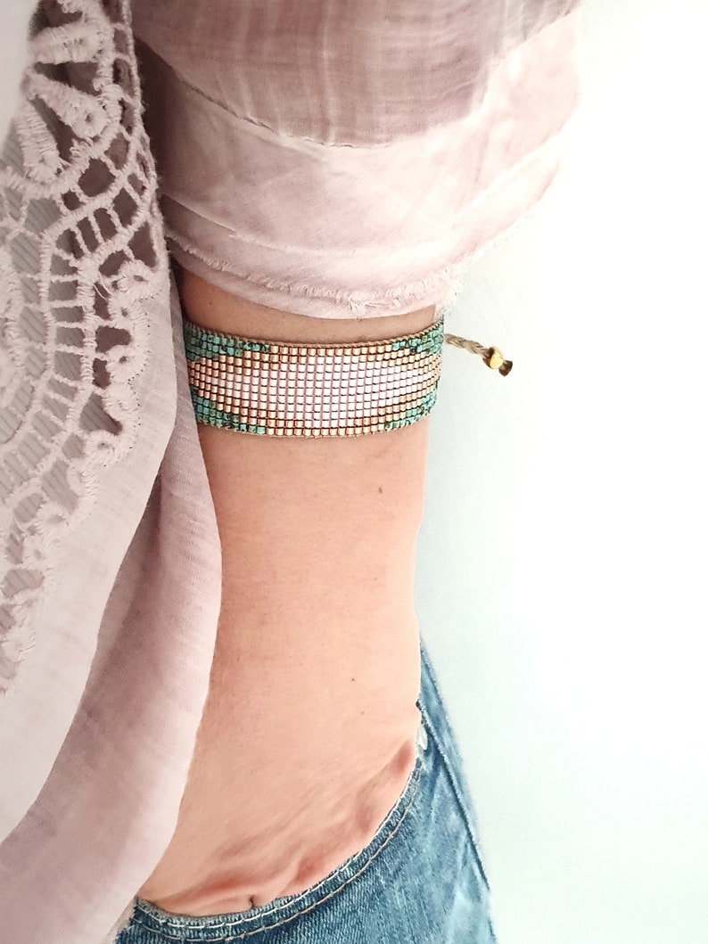 Green Turquoise Bead Loom Bracelet/Handwoven Miyuki Delica Bracelet/Loom Beaded Bracelet/Bracelet for Women/Boho Bracelet/Stacking Bracelet image 3