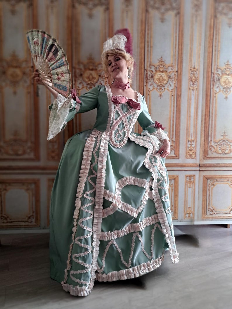 Fan As Ruffles Historical Reenactment Robe à La Française Marie Antoinette Green and ...