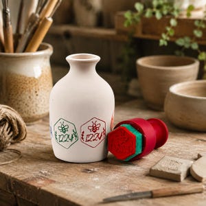 May include: A matte off-white ceramic vase featuring stamped hexagonal designs with a bee illustration and the text 1224 in red and green ink. Beside the vase sits a red handled stamp tool with a hexagonal green and red rubber base.
