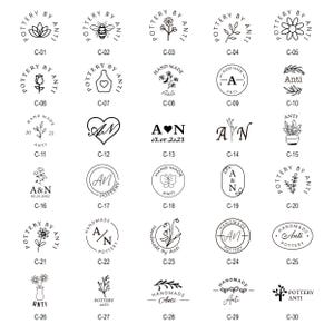May include: A collection of black and white pottery stamps with various designs, including flowers, bees, and initials. Each stamp is labeled with a unique code, such as C-01, C-02, and C-03, and the words "Pottery by Anti" are present.
