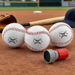 May include: Three white baseballs with red stitching and a skull and crossbones logo. A red and gray stamp is in the foreground. A baseball bat, glove, and cap are in the background.