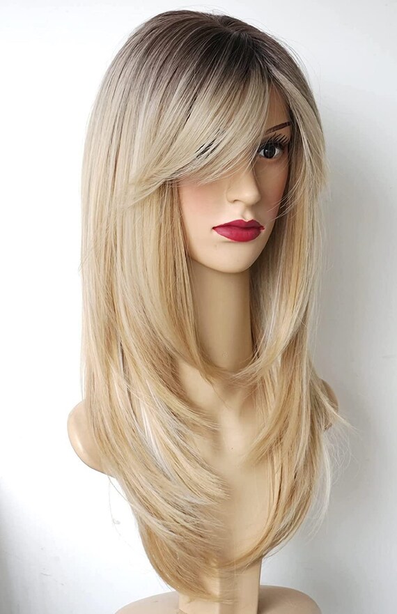 Long Blonde Wigs for Women layered Synthetic Hair Wig With Dark